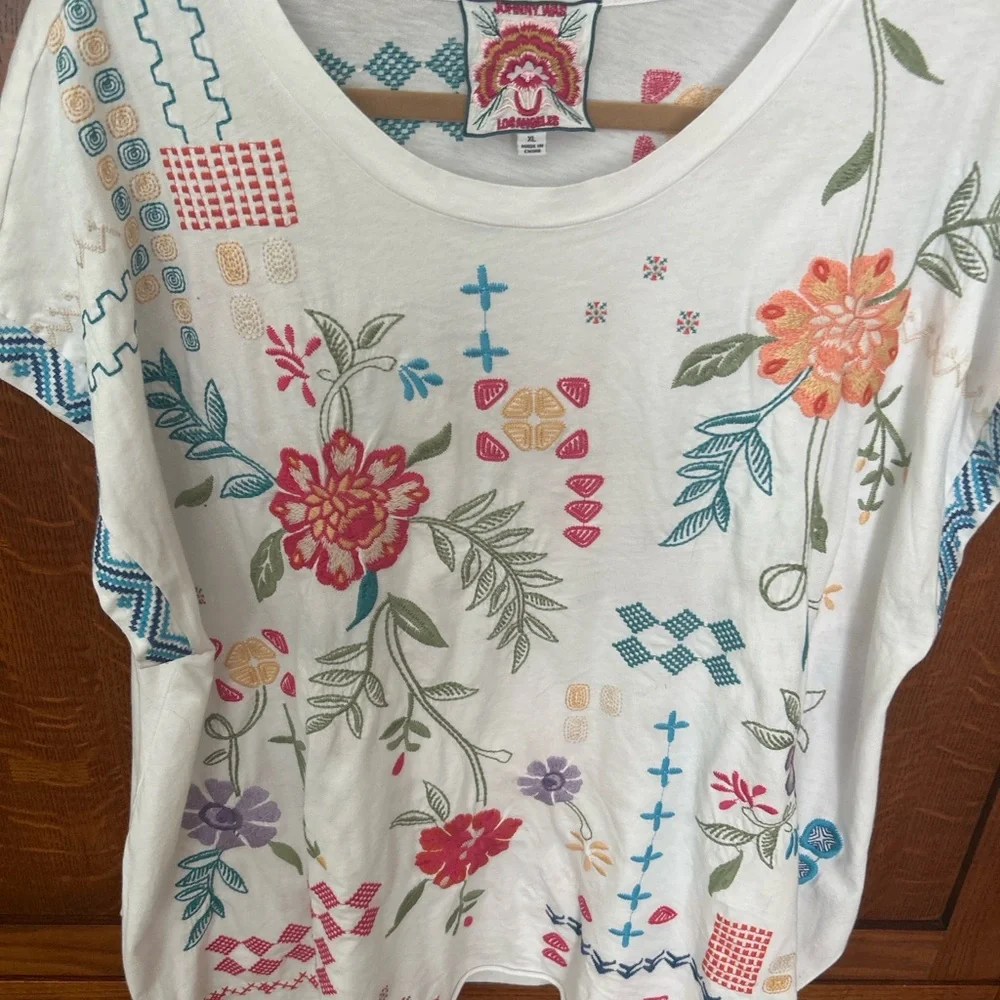 Johnny Was White Short Sleeve Tee with Multicolor Floral Embroidery - Picture 1 of 2